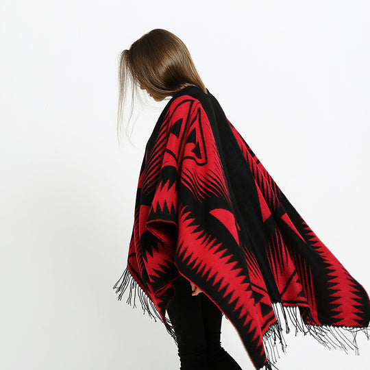 Damen Azteken-Jacquard-Ruana mit Fransen und offenem V-Ausschnitt Shop Nory