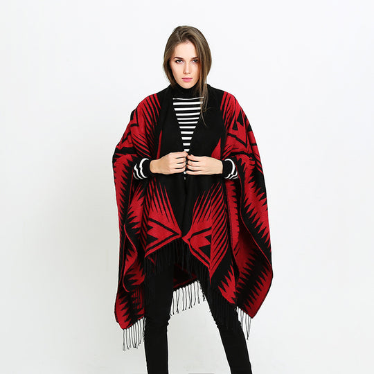 Damen Azteken-Jacquard-Ruana mit Fransen und offenem V-Ausschnitt Shop Nory