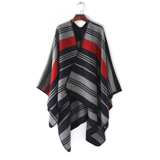 Damen Oversize‑Ruana‑Überwurf mit gestreiftem Jacquard und Zierstichkante Shop Nory