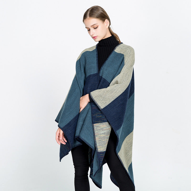 Damen Cape‑Ruana mit zweilagiger Webstruktur und grafischem Blockstreifen Shop Nory