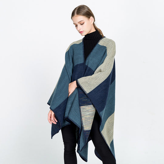 Damen Cape‑Ruana mit zweilagiger Webstruktur und grafischem Blockstreifen Shop Nory