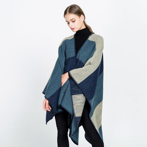 Damen Cape‑Ruana mit zweilagiger Webstruktur und grafischem Blockstreifen Shop Nory