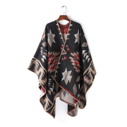 Damen Wollmix-Ruanaüberwurf im Oversize mit geometrischem Sterne-Jacquard Shop Nory