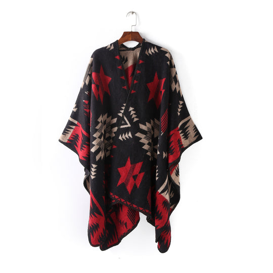 Damen Wollmix-Ruanaüberwurf im Oversize mit geometrischem Sterne-Jacquard Shop Nory