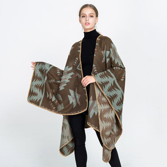 Damen Wollmix-Ruanaüberwurf im Oversize mit geometrischem Sterne-Jacquard Shop Nory