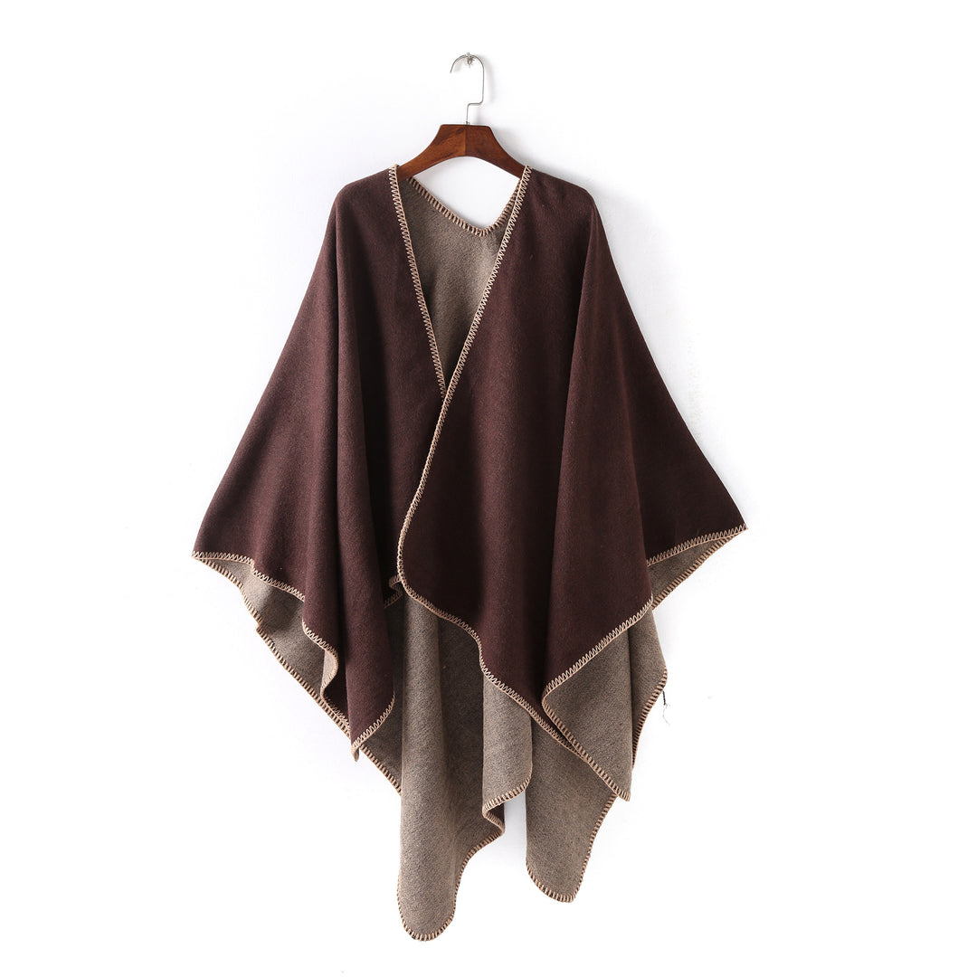 Damen Weichfallender Wende-Poncho‑Ruana aus Wollmix mit V‑Ausschnitt und Zierstich Shop Nory
