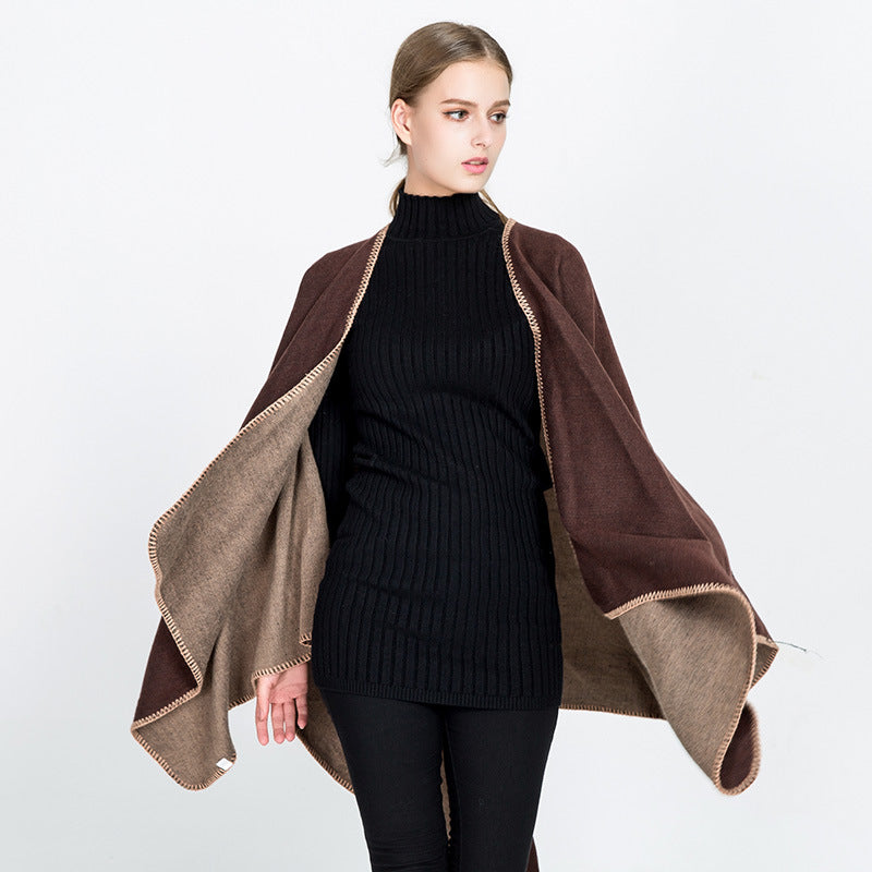 Damen Weichfallender Wende-Poncho‑Ruana aus Wollmix mit V‑Ausschnitt und Zierstich Shop Nory