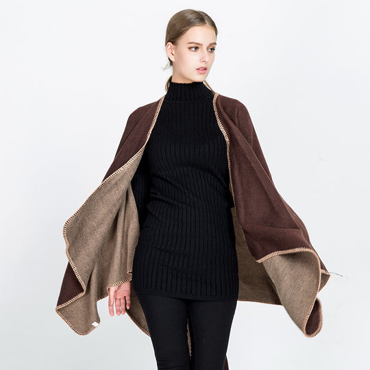 Damen Weichfallender Wende-Poncho‑Ruana aus Wollmix mit V‑Ausschnitt und Zierstich Shop Nory