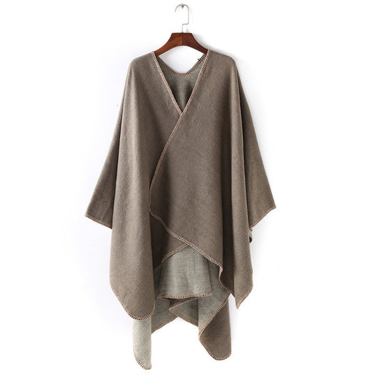 Damen Weichfallender Wende-Poncho‑Ruana aus Wollmix mit V‑Ausschnitt und Zierstich Shop Nory