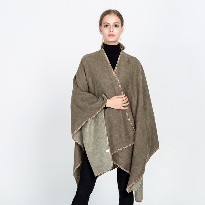 Damen Weichfallender Wende-Poncho‑Ruana aus Wollmix mit V‑Ausschnitt und Zierstich Shop Nory