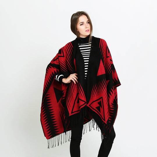 Damen Azteken-Jacquard-Ruana mit Fransen und offenem V-Ausschnitt Shop Nory