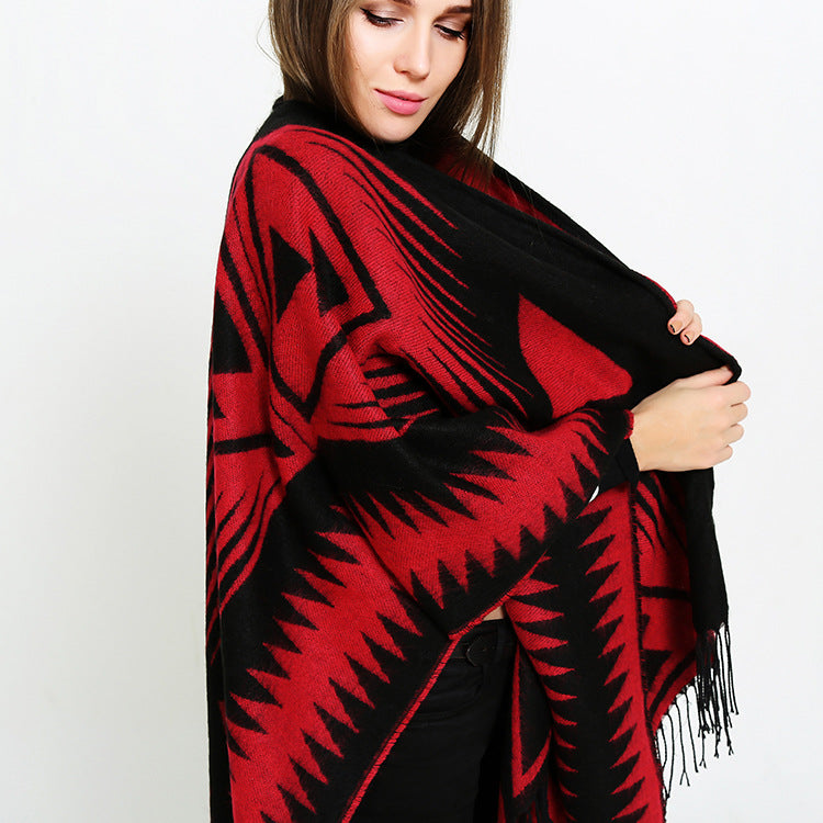 Damen Azteken-Jacquard-Ruana mit Fransen und offenem V-Ausschnitt Shop Nory