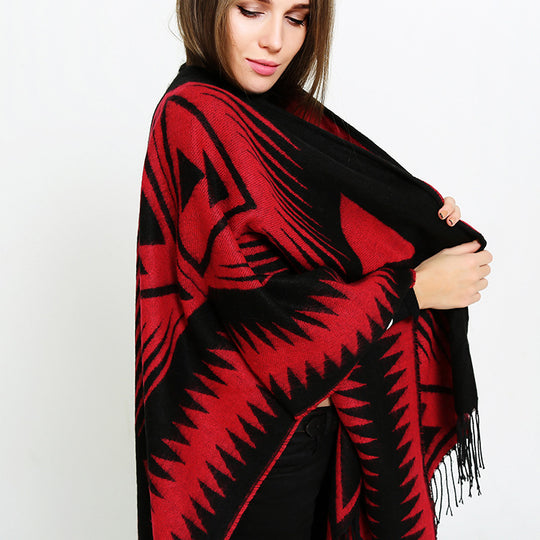 Damen Azteken-Jacquard-Ruana mit Fransen und offenem V-Ausschnitt Shop Nory