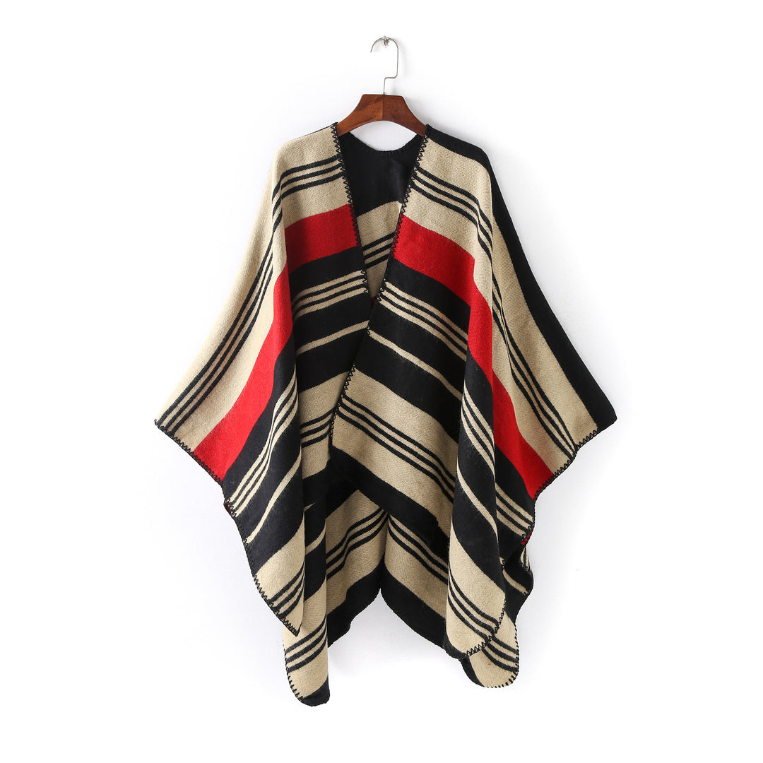 Damen Oversize‑Ruana‑Überwurf mit gestreiftem Jacquard und Zierstichkante Shop Nory
