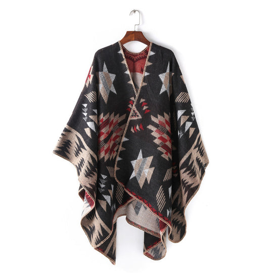 Damen Wollmix-Ruanaüberwurf im Oversize mit geometrischem Sterne-Jacquard Shop Nory