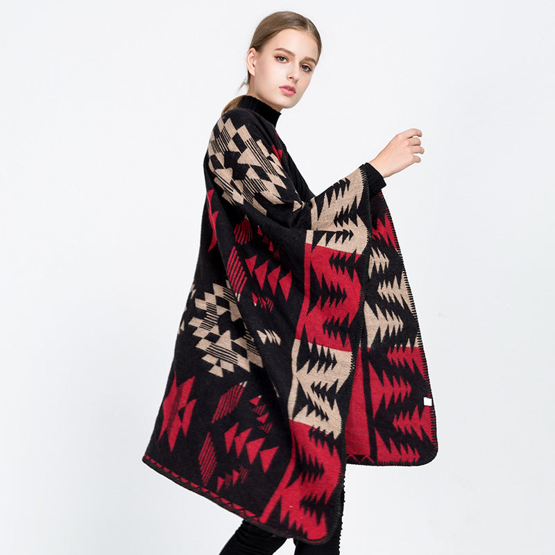 Damen Wollmix-Ruanaüberwurf im Oversize mit geometrischem Sterne-Jacquard Shop Nory