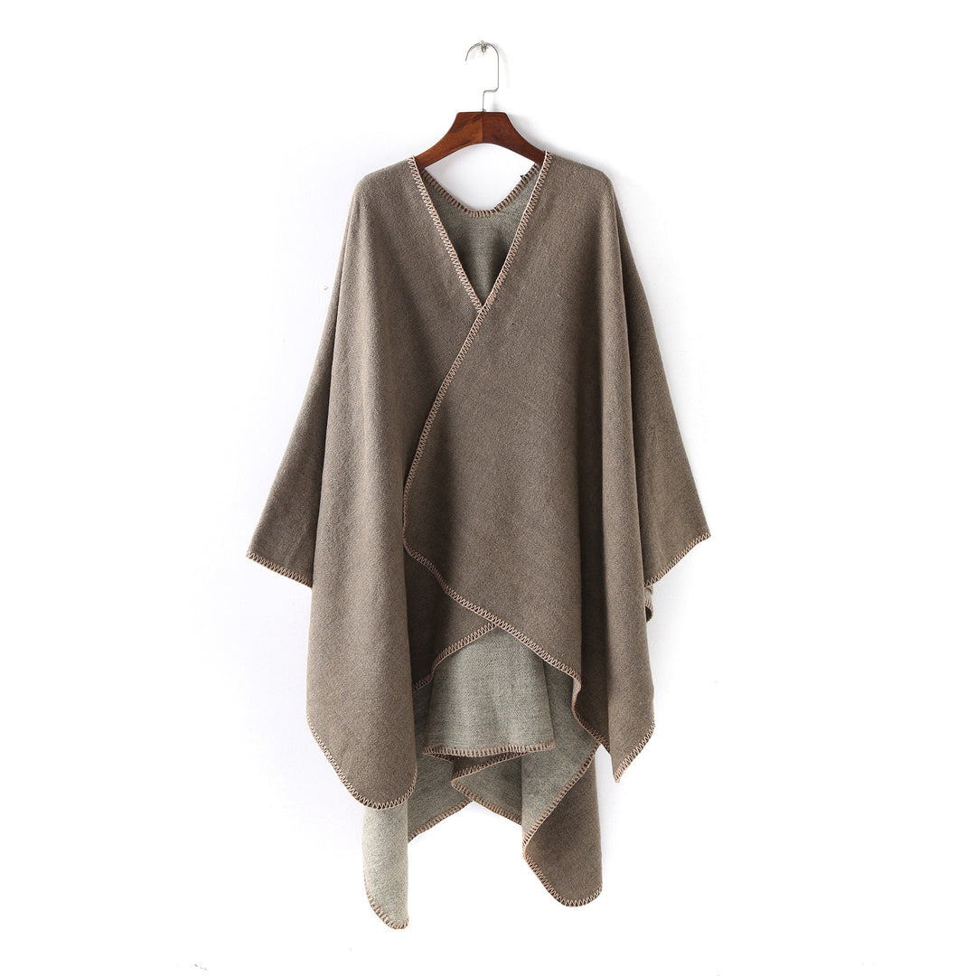 Damen Weichfallender Wende-Poncho‑Ruana aus Wollmix mit V‑Ausschnitt und Zierstich Shop Nory