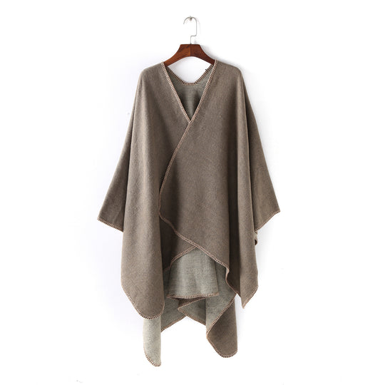 Damen Weichfallender Wende-Poncho‑Ruana aus Wollmix mit V‑Ausschnitt und Zierstich Shop Nory