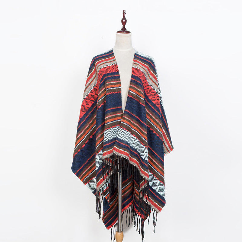 Damen Offener Oversize-Serape-Poncho im Ethno-Jacquard mit langen Fransen Shop Nory