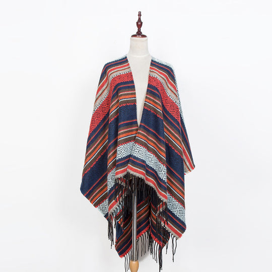Damen Offener Oversize-Serape-Poncho im Ethno-Jacquard mit langen Fransen Shop Nory