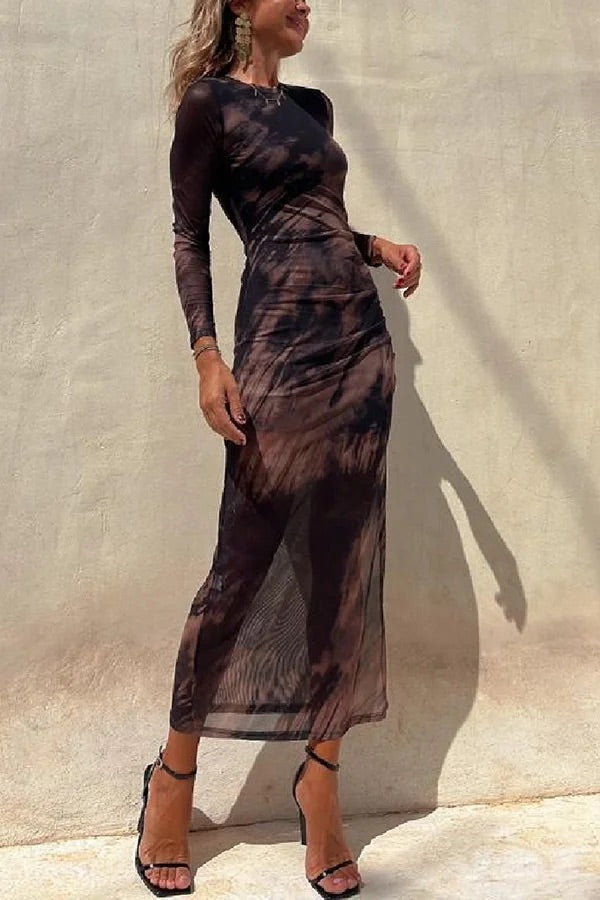 Charm Lady Mesh Overlay Tie Dye Print Langarm Rüsch Stretch Midi Kleid