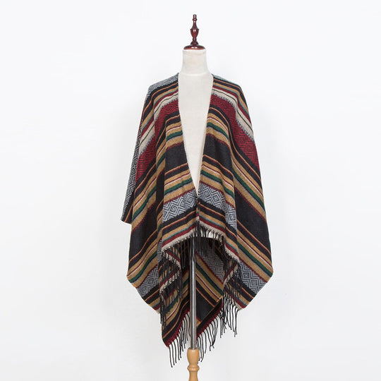 Damen Offener Oversize-Serape-Poncho im Ethno-Jacquard mit langen Fransen Shop Nory