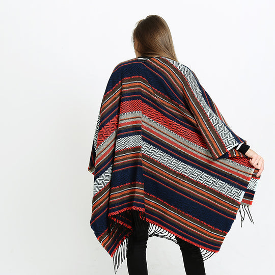 Damen Offener Oversize-Serape-Poncho im Ethno-Jacquard mit langen Fransen Shop Nory