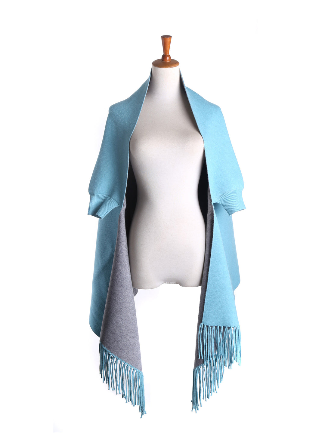 Damen Zweifarbiger Wendeponcho mit Kurzarmöffnungen, Fransen und Wollmix Shop Nory