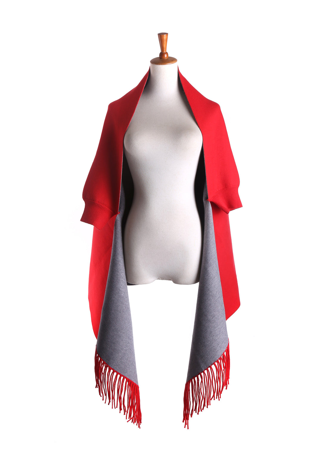 Damen Zweifarbiger Wendeponcho mit Kurzarmöffnungen, Fransen und Wollmix Shop Nory