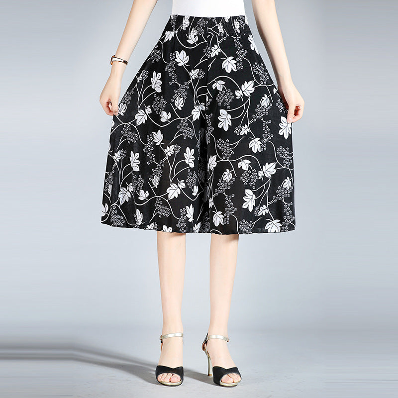 Damen Chiffon Culottes mit Breiten Beinen und Hoher Elastischer Taille