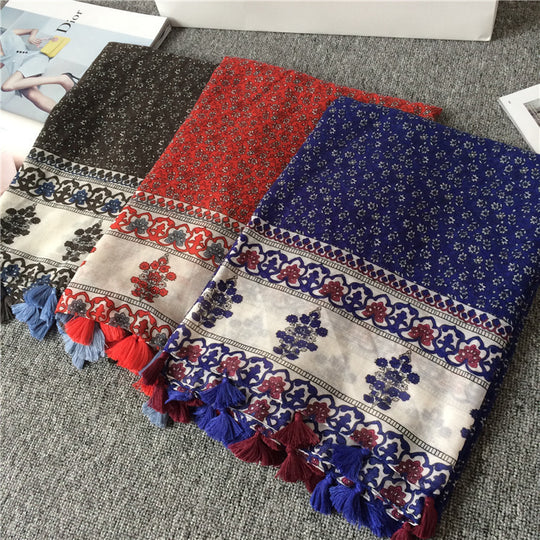 Damen Großer Baumwoll‑Viskose Schal mit Quasten und floralem Blockprint Shop Nory