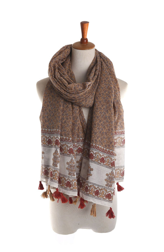 Damen Großer Baumwoll‑Viskose Schal mit Quasten und floralem Blockprint Shop Nory