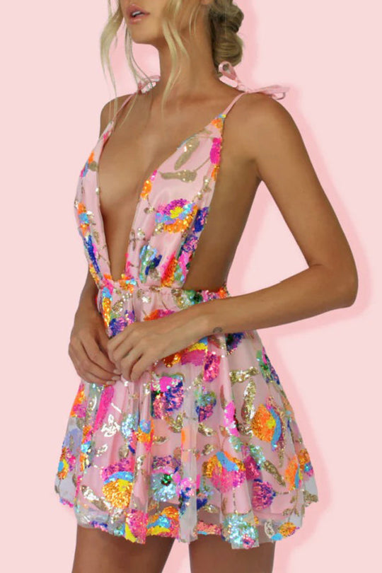 V-Ausschnitt Offene Rücken Pailletten Blumen Binde A-Linie Mini Kleid