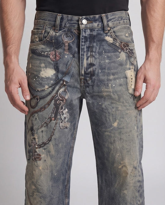 Herren Extraweite Jeans im Baggy-Schnitt mit farbbespritztem Used-Look und Kettenprint Shop Nory