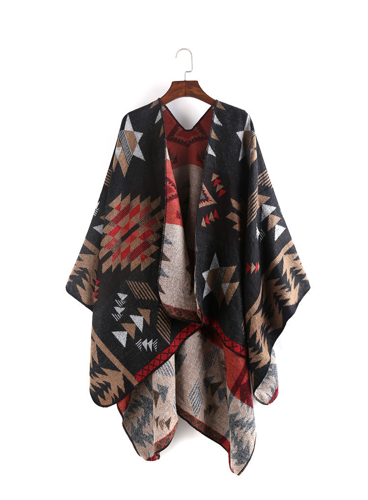 Damen Oversize-Ruana-Poncho mit Azteken-Jacquard und offenem Kimono-Fall Shop Nory