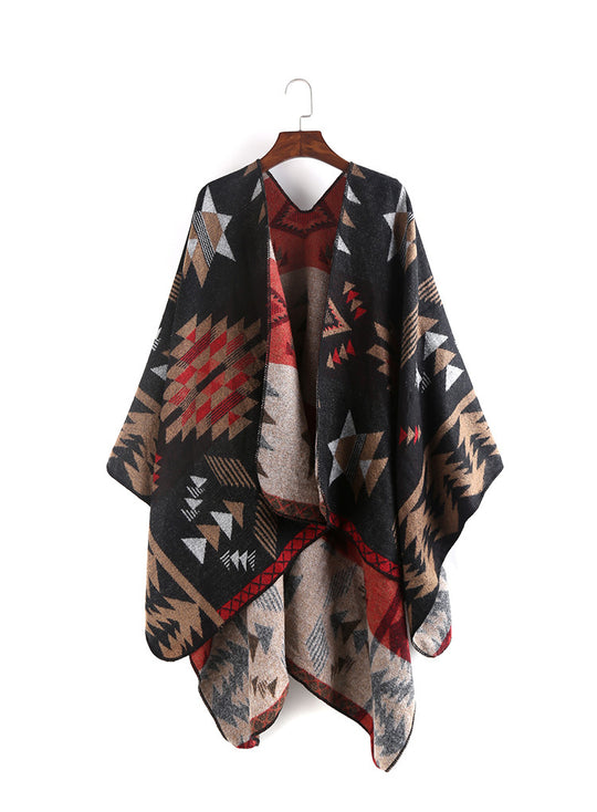 Damen Oversize-Ruana-Poncho mit Azteken-Jacquard und offenem Kimono-Fall Shop Nory