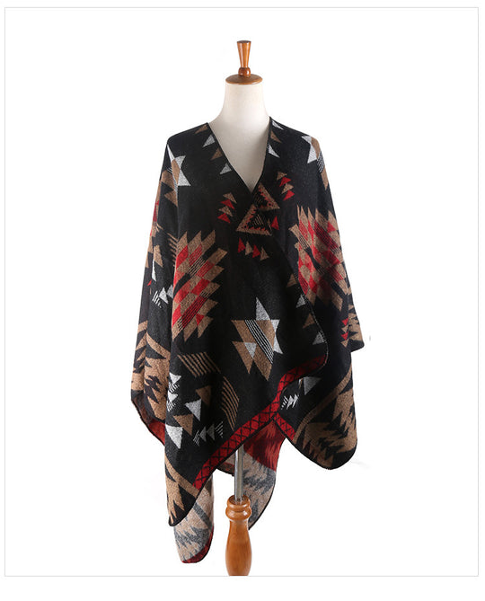Damen Oversize-Ruana-Poncho mit Azteken-Jacquard und offenem Kimono-Fall Shop Nory