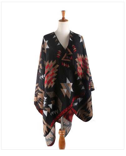 Damen Oversize-Ruana-Poncho mit Azteken-Jacquard und offenem Kimono-Fall Shop Nory