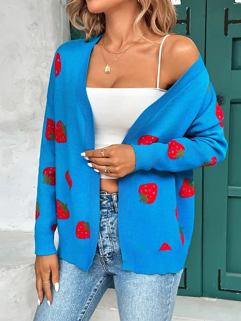 Strickjacke Übergröße Passform Gestrickte Textur Hüftlänge Verspieltes Muster