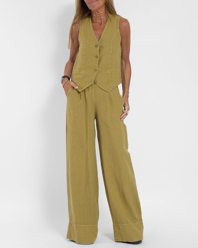 Elegantes 2-Teiliges Set Leinen Weite Hose & Weste