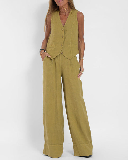 Elegantes 2-Teiliges Set Leinen Weite Hose & Weste