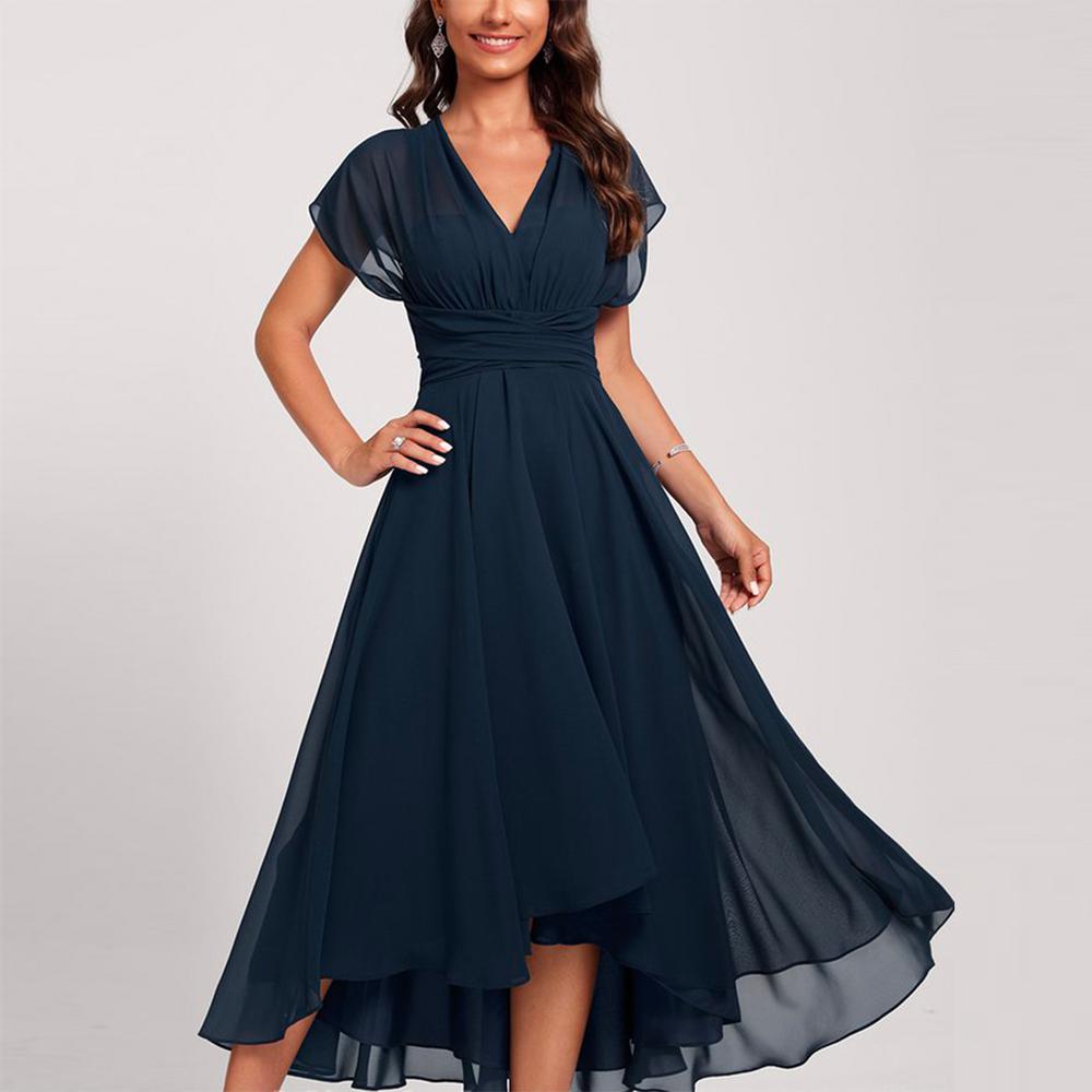 Blaue Midi-Kleid mit Kurzen Ärmeln und Gekrümmter Taille