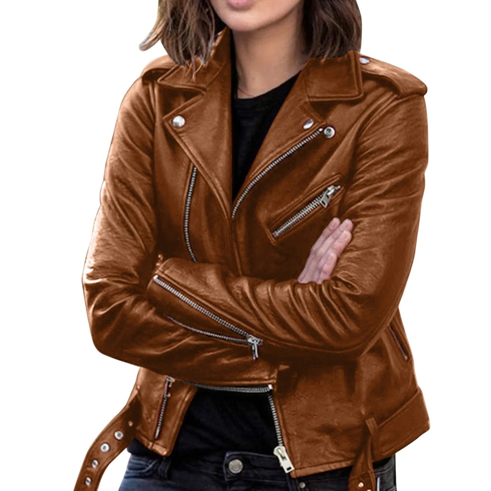 jacke Damen Biker Modell mit Gürtel und Reißverschlussdetails