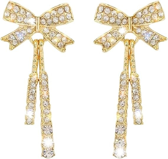 Damen Gold Plated Glänzende Strass Schleifenquasten Tropfen Ohrstecker | Shop Nory