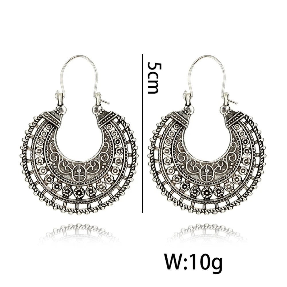 Damen Silber Bohemian Retro Florale Cutout Runde Rad Ohrringe | Shop Nory