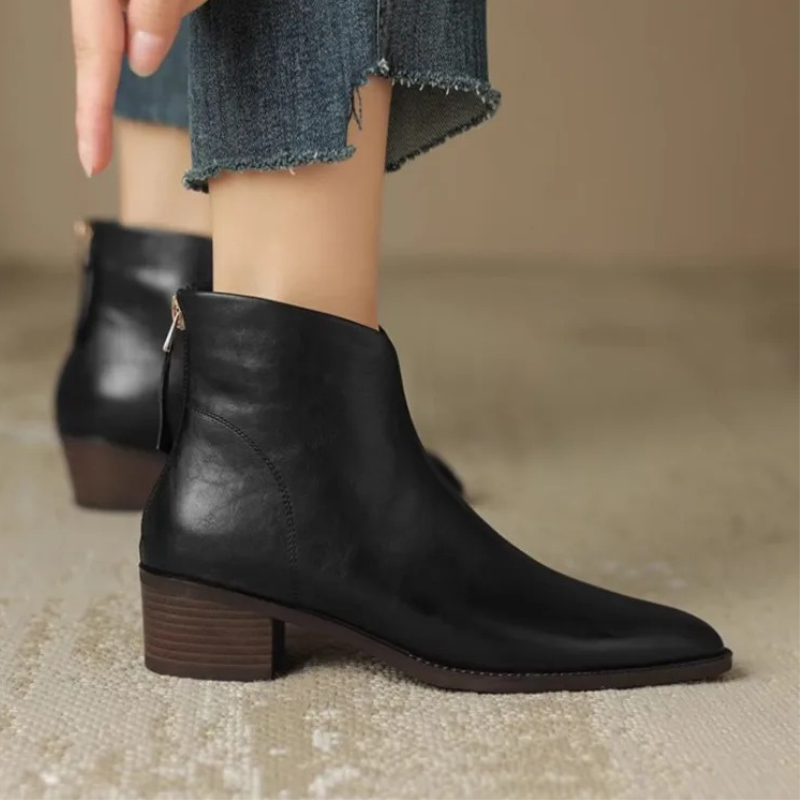 Stiefeletten Leder Spitze Seitenreißverschluss Blockabsatz Elegante Passform