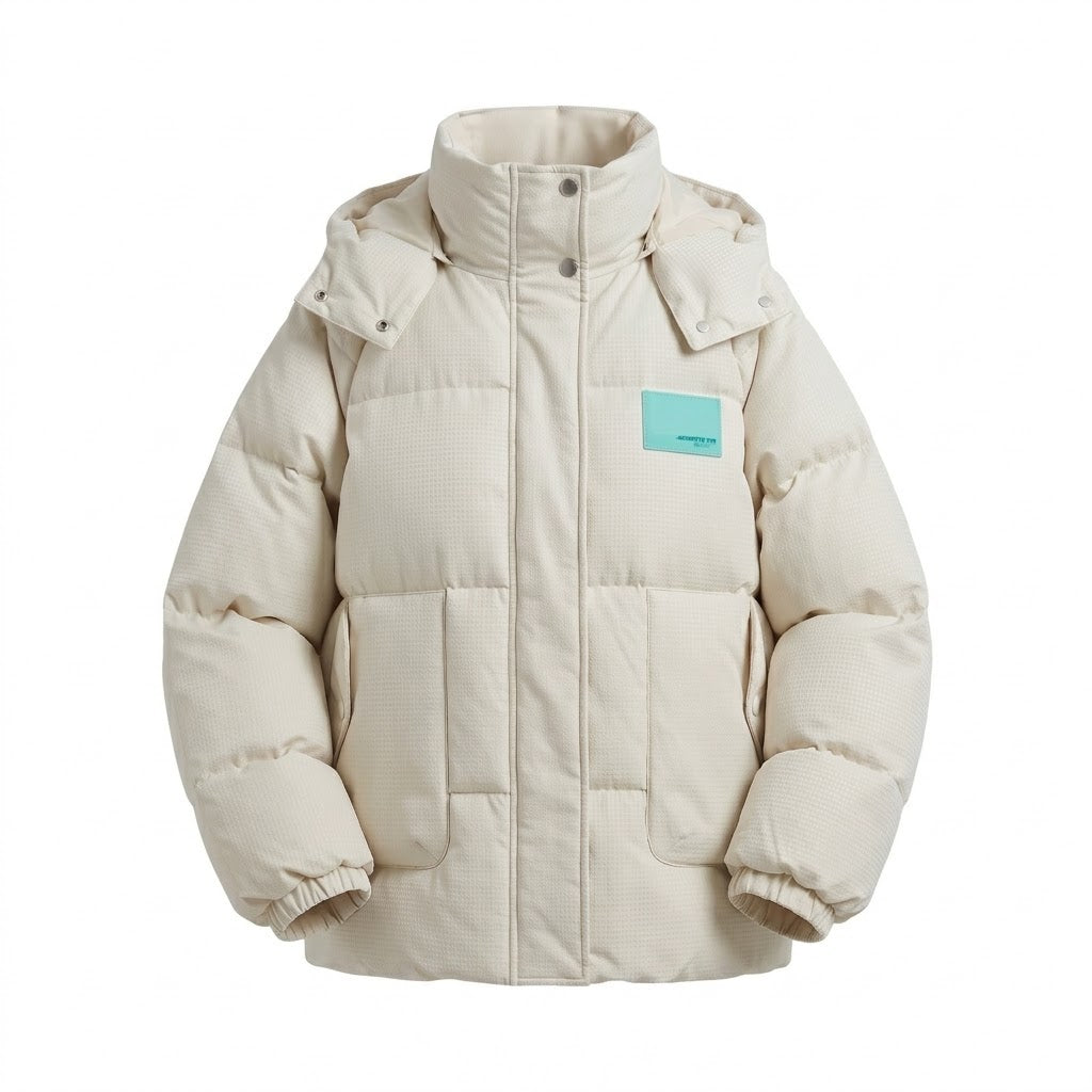 Damen kurze Thermo-Pufferjacke mit strukturiertem Mikrokaro-Stepp und ergonomischem Kapuzenkragen