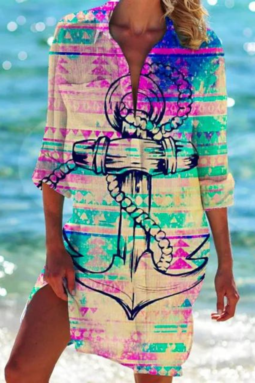 ShopNory - Lange Strandbluse mit Meeresmotiv