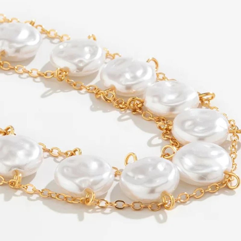 Damen Doppelreihiges Perlenarmband mit Goldfarbener Kette | Shop Nory