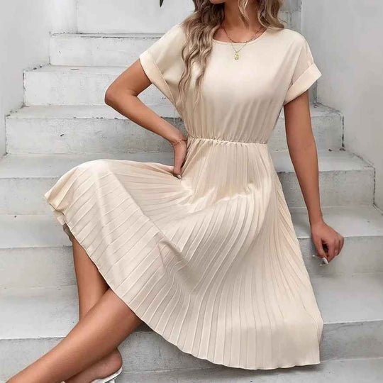 Einfarbig Plissierter Kurzarmkleid